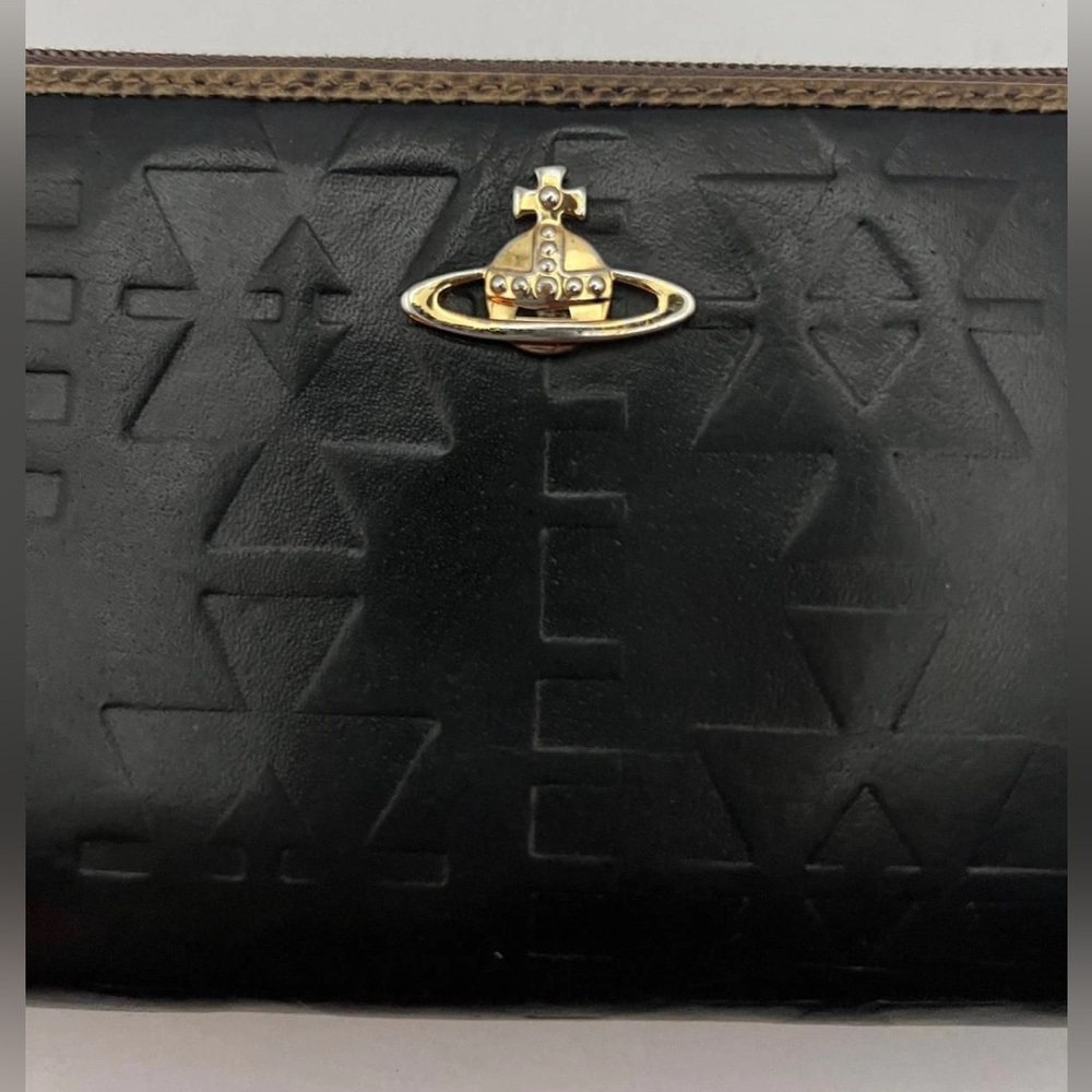 Vivienne Westwood Embossed Black Long Wallet Zip Around Gold Orb w/ Brown rimmed - Picture 8 of 15